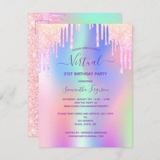 Glitter regenboogroze virtuele verjaardagsuitnodig briefkaart (Voorkant / Achterkant)