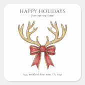 Glitter Reindeer Antlers New Home Custom Address Vierkante Sticker (Voorkant)