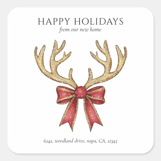 Glitter Reindeer Antlers New Home Custom Address Vierkante Sticker (Voorkant)