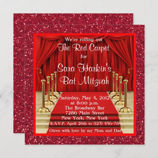 Glitter Rode Tapijt Hollywood Bat Mitzvah Uitnodig Kaart (Voorkant / Achterkant)