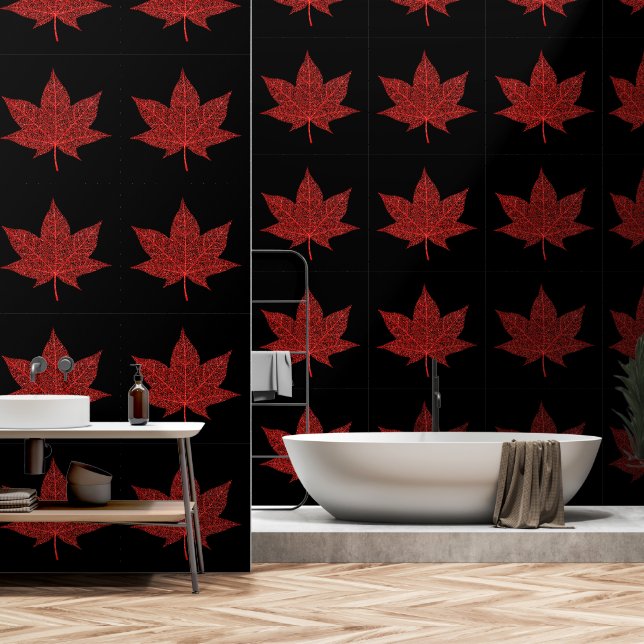 Glitter Rood Maple Leaf Custom Kleur Zwart Behang (Badkamer)