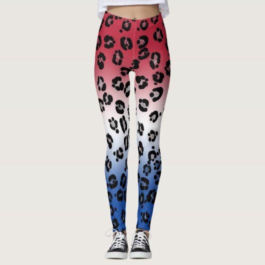 Glitter Rood Wit Blauwe Luipaardprint Leggings (Voorkant)
