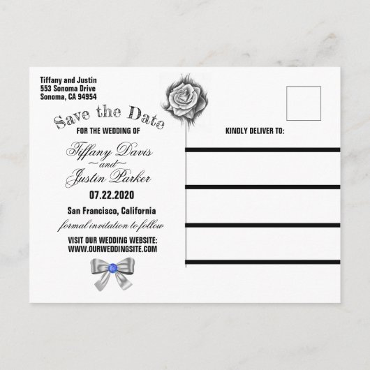 Glitter, Roos, diamanten & Bow sparen de Datum Kaa Aankondigingskaart (Achterkant)