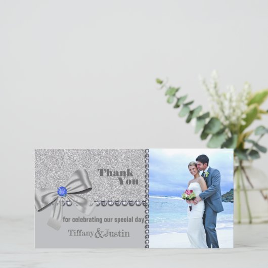Glitter, Roos, diamanten en Bow - Fotokaart Bedankkaart (Staand voorkant)