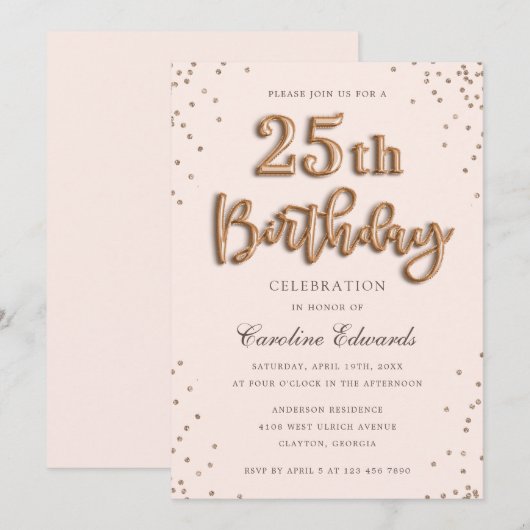 Glitter Roos Foil Balloons 25th Birthday Elegant Kaart (Voorkant / Achterkant)