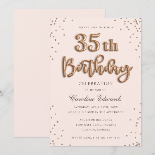 Glitter Roos Foil Balloons 35th Birthday Elegant Kaart (Voorkant / Achterkant)