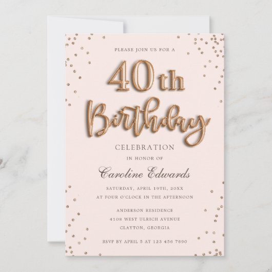 Glitter Roos Foil Balloons 40th Birthday Elegant Kaart (Voorkant)