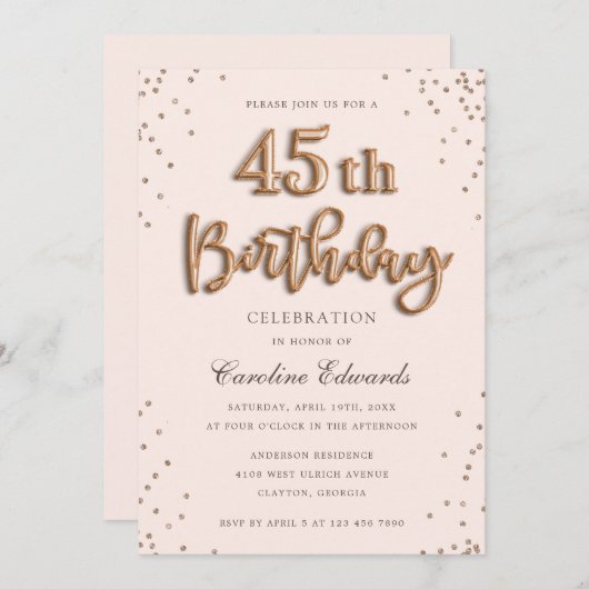 Glitter Roos Foil Balloons 45th Birthday Elegant Kaart (Voorkant / Achterkant)