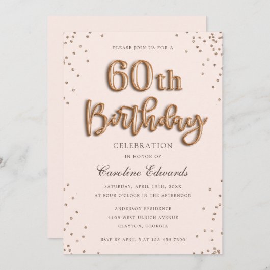 Glitter Roos Foil Balloons 60th Birthday Elegant Kaart (Voorkant / Achterkant)