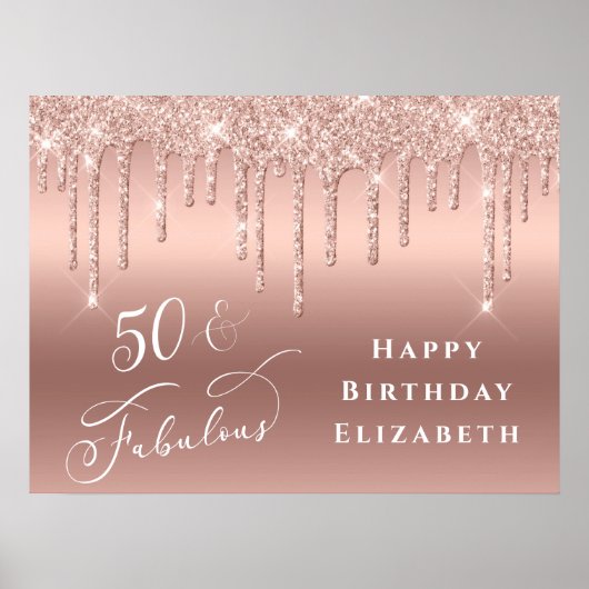 Glitter Roos Gold 50th Birthday Party Poster (Voorkant)