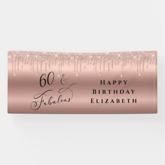 Glitter Roos Gold 60th Birthday Party Spandoek (Horizontaal)