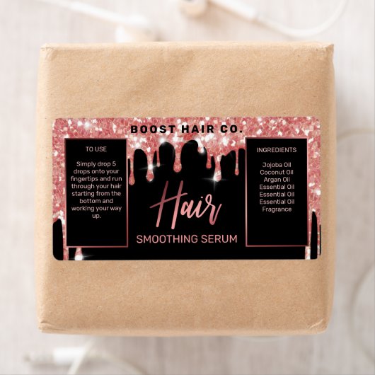 Glitter Roos Gold Black Hair Serum Labels uitstrij (Insitu)