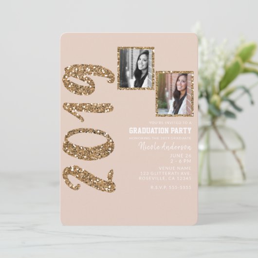 Glitter Roos Gold Blush Glam 2019 Afstuderen FOTO Kaart (Staand voorkant)