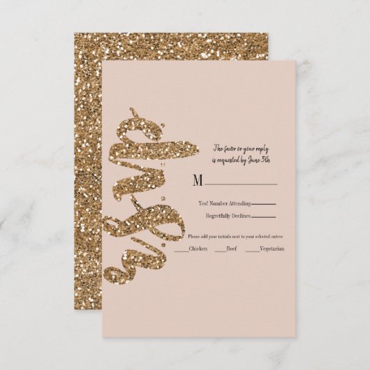 Glitter Roos Gold Blush Glam Weddenschap RSVP Antw (Voorkant / Achterkant)