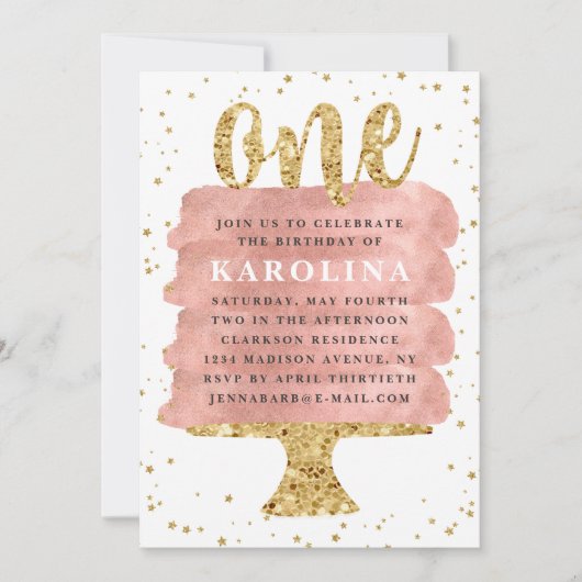 Glitter & Roos Gold Cake Eerste Verjaardag Kaart (Voorkant)