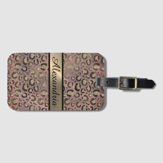 Glitter Roos Gold Chic Leopard gepersonaliseerd Bagagelabel (Voorkant (horizontaal))