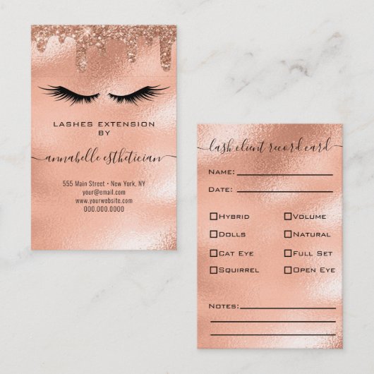 Glitter Roos Gold Eyelash Extension Client Record Visitekaartje (Voorkant / Achterkant)