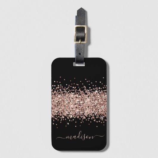 Glitter Roos Gold - Girly Sparkle Black Monogram Bagagelabel (Voorkant (verticaal))