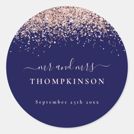 Glitter Roos Gold Mr Mrs Wedding Navy Blush Ronde Sticker (Voorkant)