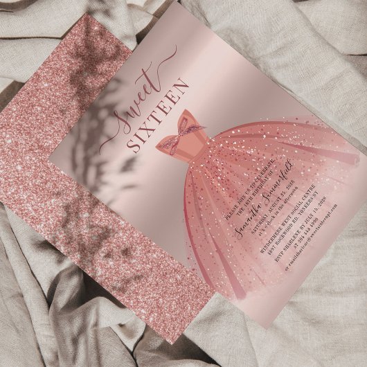 Glitter Roos Gold Sweet 16 Bday Party Invitation