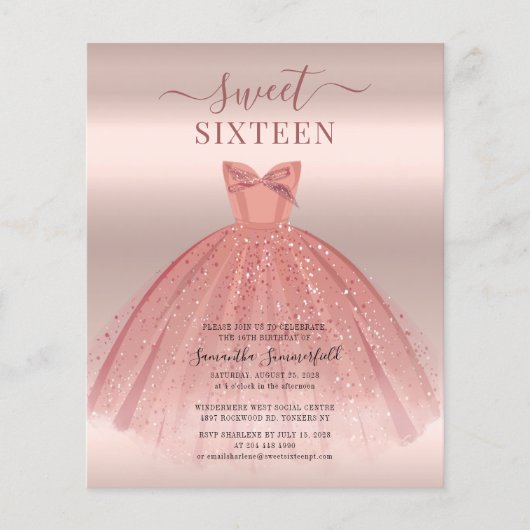 Glitter Roos Gold Sweet 16 Bday Party Invitation (Voorkant)