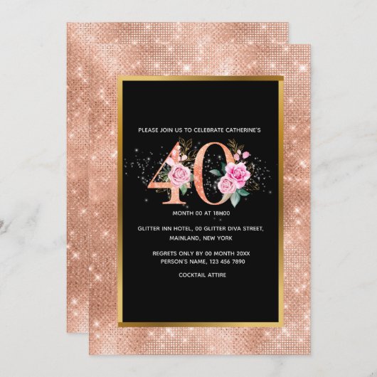 Glitter roos goud 40e verjaardagsconfetti feest kaart (Voorkant / Achterkant)