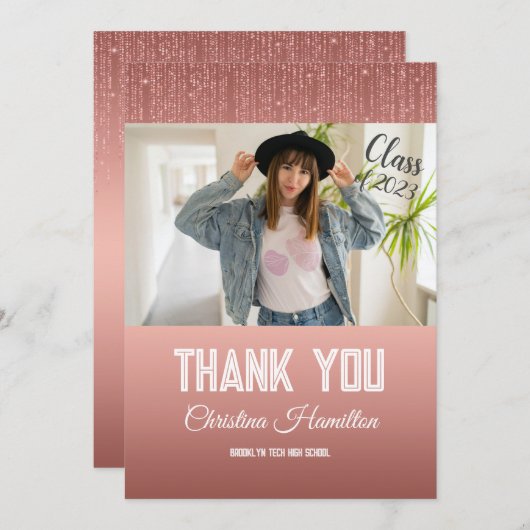 Glitter Roos Goud Afstuderen Foto Bedankkaart (Voorkant / Achterkant)