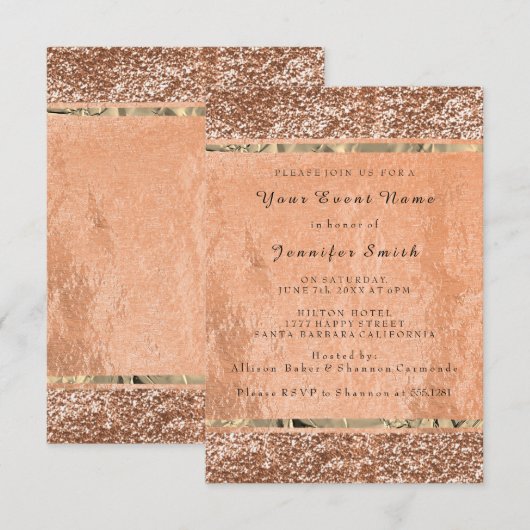 Glitter Roos Goud Koper Metallic Blush Bruids VIP Kaart (Voorkant / Achterkant)