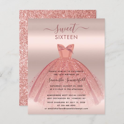 Glitter Roos Goud Script Sweet 16 Party Invitation (Voorkant / Achterkant)
