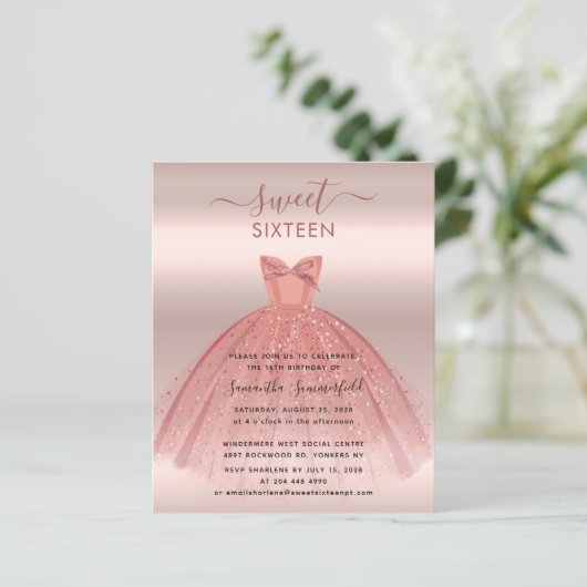 Glitter Roos Goud Script Sweet 16 Party Invitation (Staand voorkant)