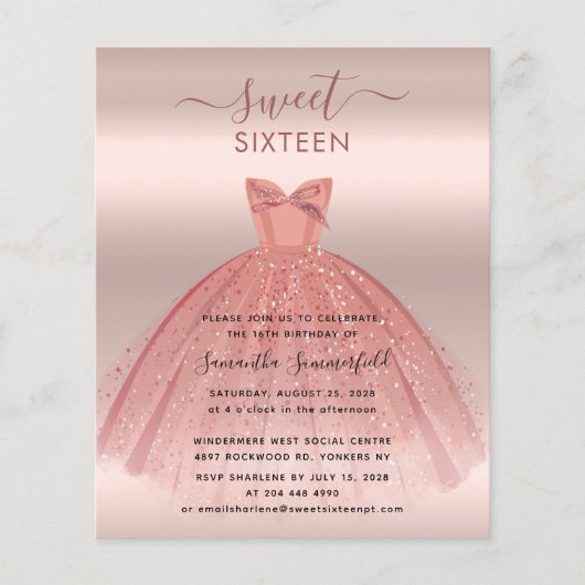 Glitter Roos Goud Script Sweet 16 Party Invitation (Voorkant)