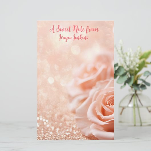 Glitter Roos Gouden Achtergrond en Roos Gouden Roz Briefpapier (Staand voorkant)