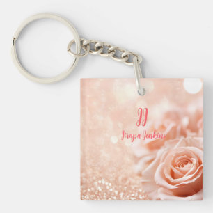 Glitter Roos Gouden Achtergrond en Roos Gouden Roz Sleutelhanger