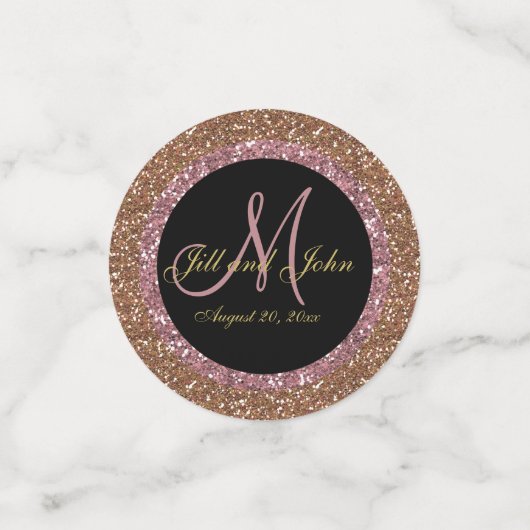 Glitter Roos Gouden Champagne Bruiloft Monogram Confetti (Kleine voorkant)