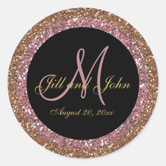 Glitter Roos Gouden Champagne Bruiloft Monogram Ronde Sticker (Voorkant)
