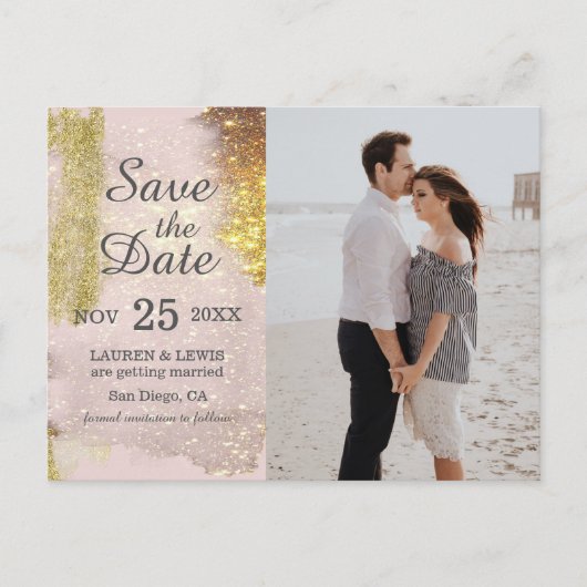 Glitter Roos Gouden Fotobruiloft Save the Date Briefkaart (Voorkant)