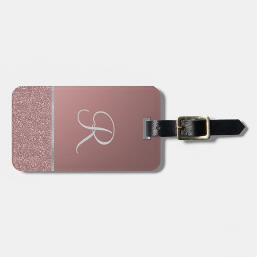 Glitter Roos Roze met Silver Monogram Bagagelabel (Voorkant horizontaal)