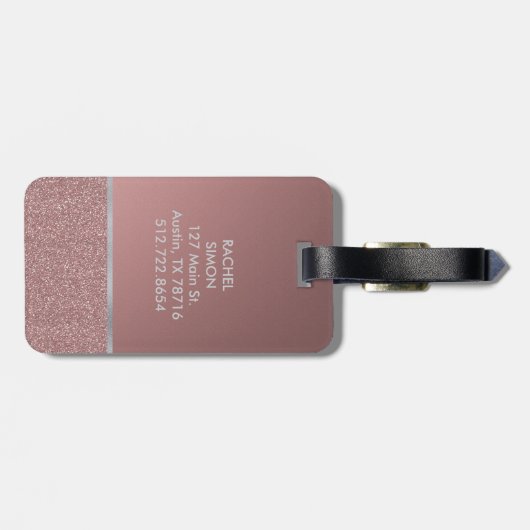 Glitter Roos Roze met Silver Monogram Bagagelabel (Achterkant horizontaal)
