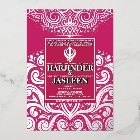 Glitter Roos Roze Zilveren Sikh Anand Karaj Weddin Folie Uitnodiging (Voorkant)