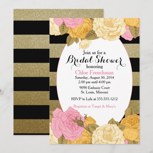 Glitter Roos Uitnodiging voor Baby of Vrijgezellen (Voorkant / Achterkant)