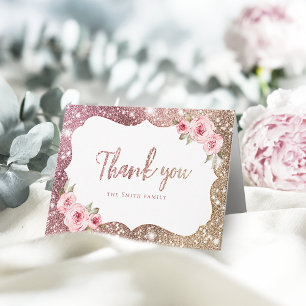 Glitter roosgoud glans en bloemrijke dank je bedankkaart