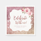 Glitter roosgoud glinsterende bloemstuk 'vier met  servet (Voorkant)