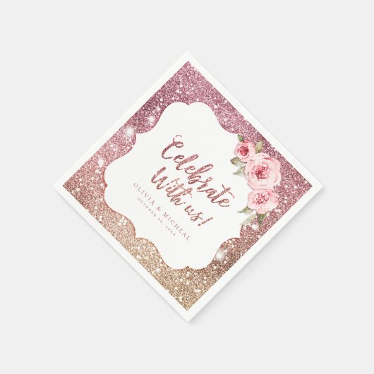 Glitter roosgoud glinsterende bloemstuk 'vier met  servet (Hoek)