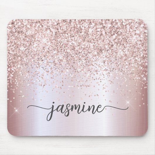 Glitter Roosgoud Metaal Monogram Naam Muismat (Voorkant)