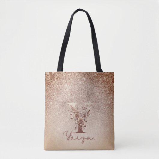 Glitter  Rose Gold Floral Letter Y Tote Tote Bag (Voorkant)