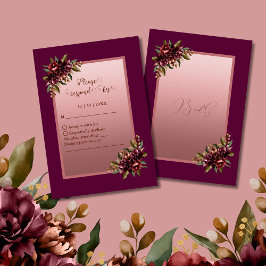 glitter Rose Gold Script - Burgundy floral wedding RSVP Kaartje