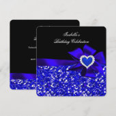 Glitter Royal Blue Heart Bow Black Party Kaart (Voorkant / Achterkant)
