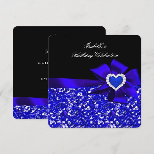 Glitter Royal Blue Heart Bow Black Party Kaart (Voorkant / Achterkant)