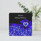Glitter Royal Blue Heart Bow Black Party Kaart (Staand voorkant)