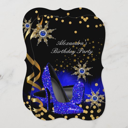Glitter Royal Blue High Heels Black Birthday Party Kaart (Voorkant / Achterkant)